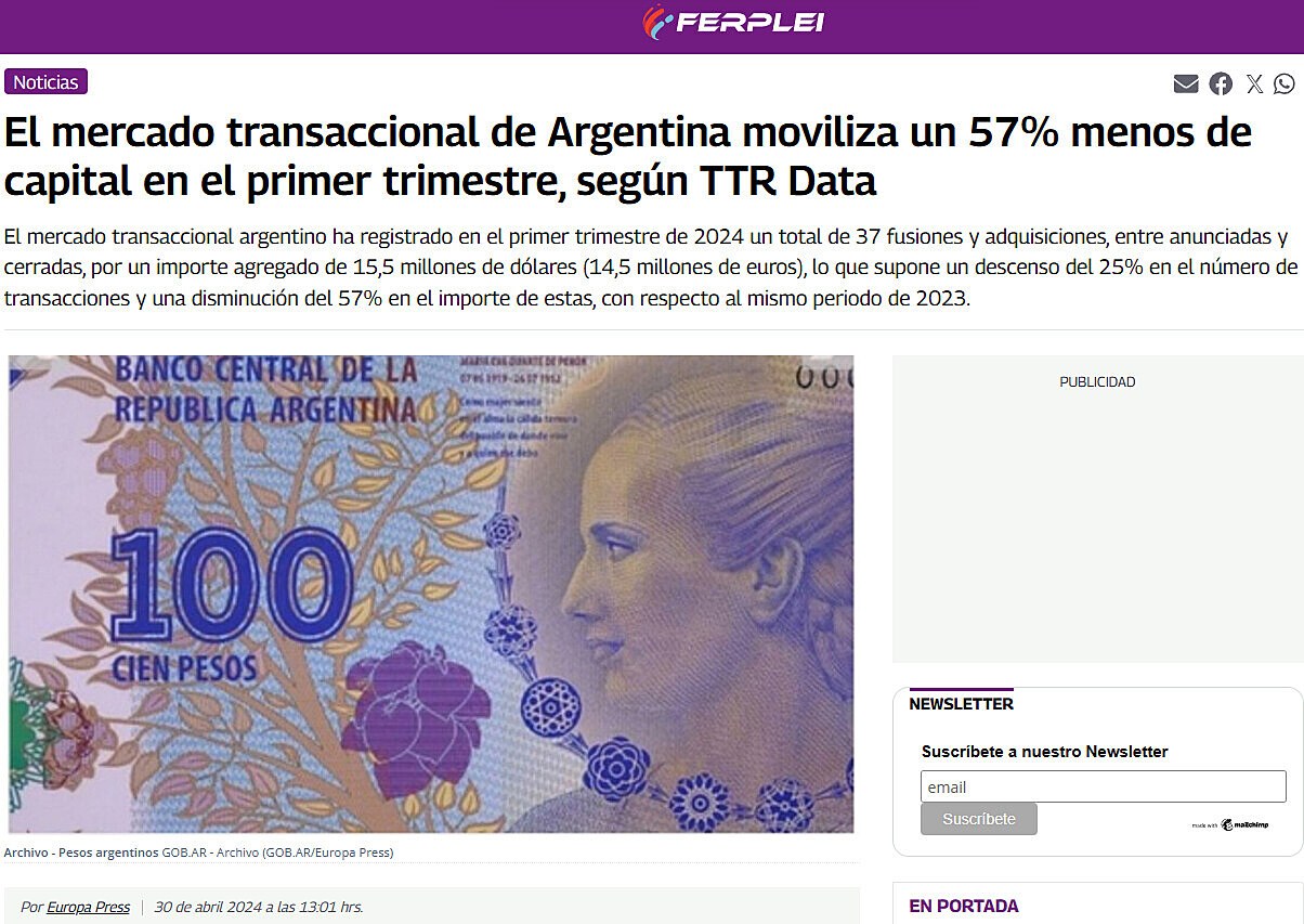 El mercado transaccional de Argentina moviliza un 57% menos de capital en el primer trimestre, segn TTR Data